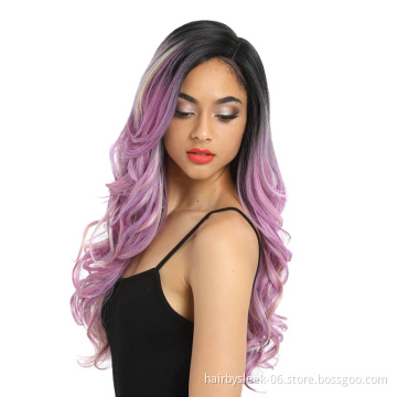 Ombre Lavender Pink long Big curly hair Synthetic lace frontal Pre-plucked Lace Front Wig Synthetic hair wigs For Black Women
